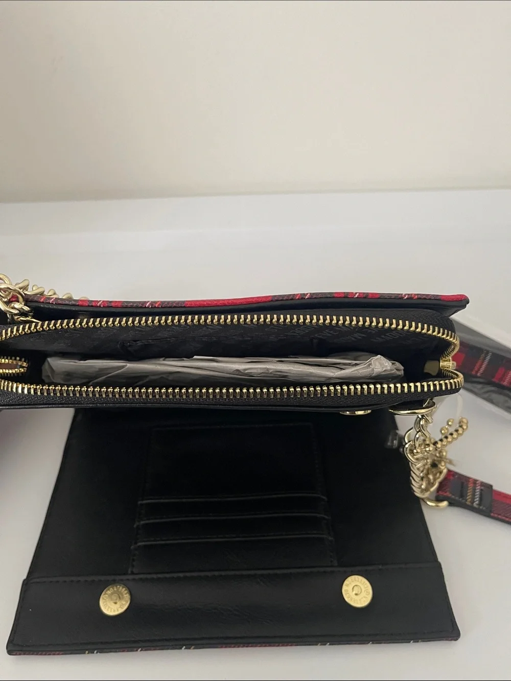 Steve Madden Red and Black Plaid Crossbody Bag with Gold Accents